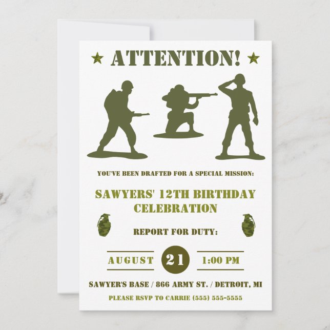 Green Army Men, Military, Army Camo Birthday Party Invitation (Front)