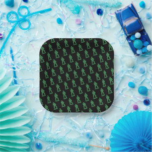 Green Army Men on Black  Paper Plate