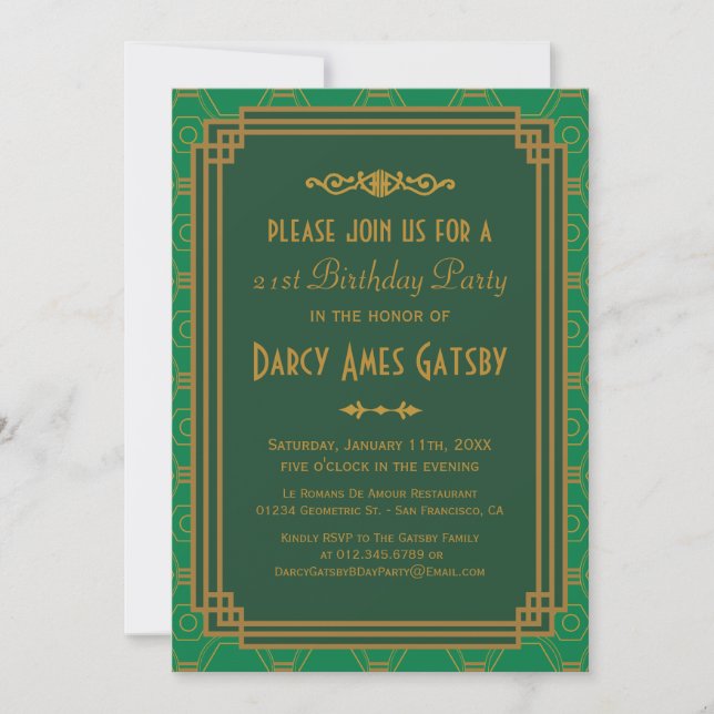 Green Art Deco Birthday Party Invitations (Front)