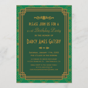 Green Art Deco Birthday Party Invitations