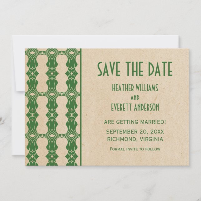 Green Art Deco Border Save the Date Invite (Front)