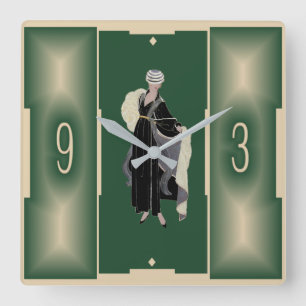 Green Art Deco Square Wall Clock