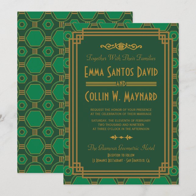 Green Art Deco Wedding Invites (Front/Back)