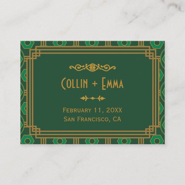 Green Art Deco Wedding Place Cards (Front)