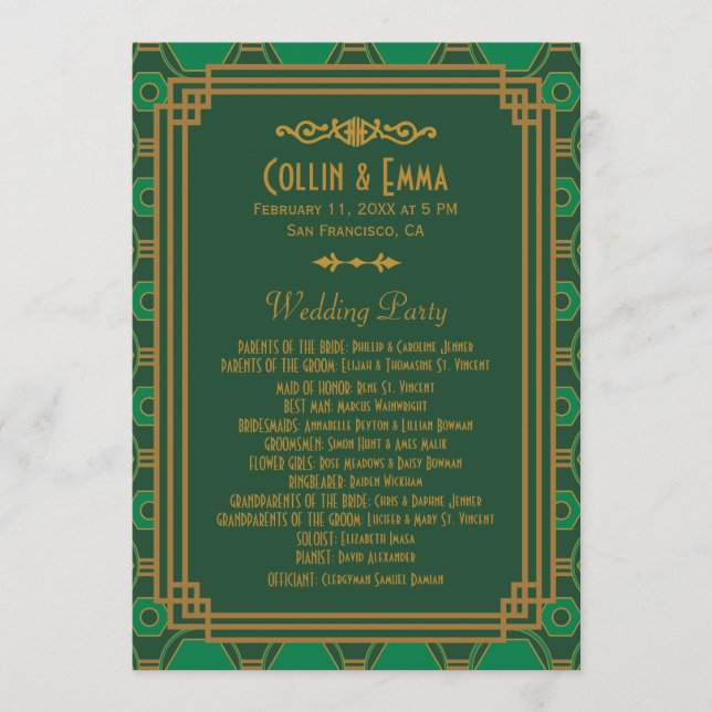 Green Art Deco Wedding Programs Programme (Front)