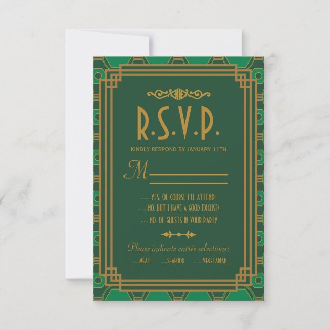 Green Art Deco Wedding RSVP Cards (Front)