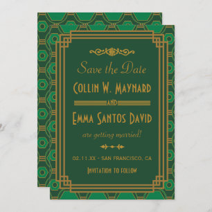 Green Art Deco Wedding Save The Date Invitation