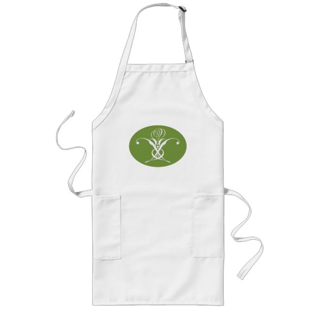 Green Art Deco White Flourish Rose Long Apron (Front)