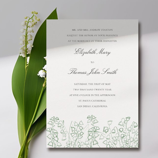 Green Art Floral Sketch Lily Valley Formal Wedding Invitation (lily of the valley wedding invitation formal traditional elegant green floral sketch fine art wild)