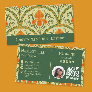 Green Art Nouveau Floral QR Code and Photo  Business Card