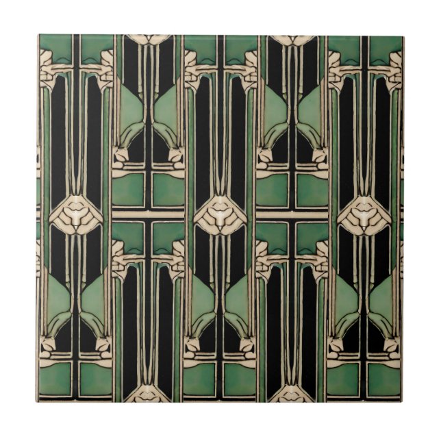Green Art Nouveau Geometric Art Deco  Tile (Front)
