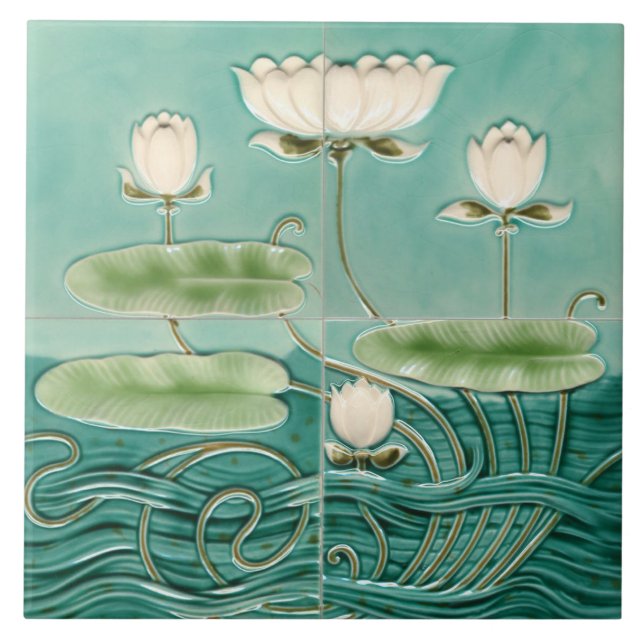 Green Art Nouveau Jugendstil Waterlilly Tile (Front)