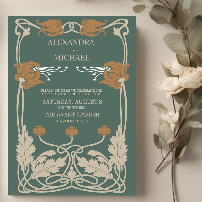 Green Art Nouveau Wedding Invitation (Creator Uploaded)