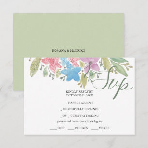 Green Artistic Boho Floral Watercolor Hand-painted RSVP Card