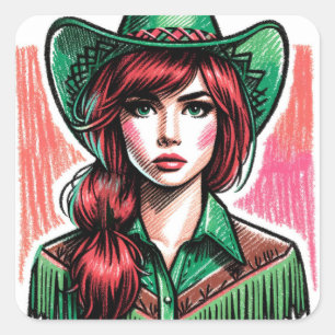 Green Artsy Lucky Cowgirl Square Sticker