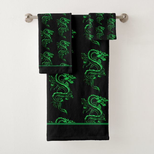 Green Asian Dragon Bath Towel Set (Insitu)