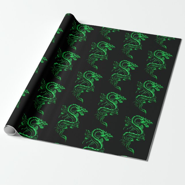 Green Asian Dragon Wrapping Paper (Unrolled)