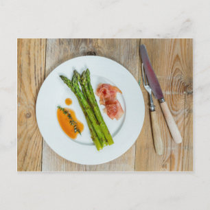 Green asparagus with ham and sauce postcard