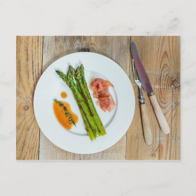 Green asparagus with ham and sauce postcard (Front)