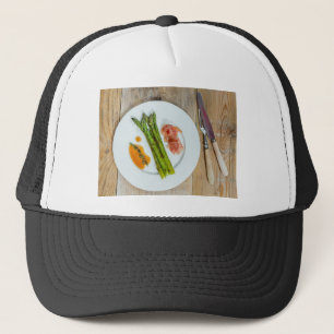 Green asparagus with ham and sauce trucker hat