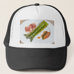 Green asparagus with ham and sauce trucker hat