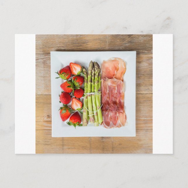 Green asparagus with ham and strawberries postcard (Front)