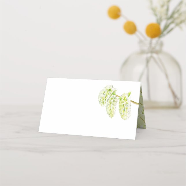 Green aspen catkins watercolor name place card (Front)