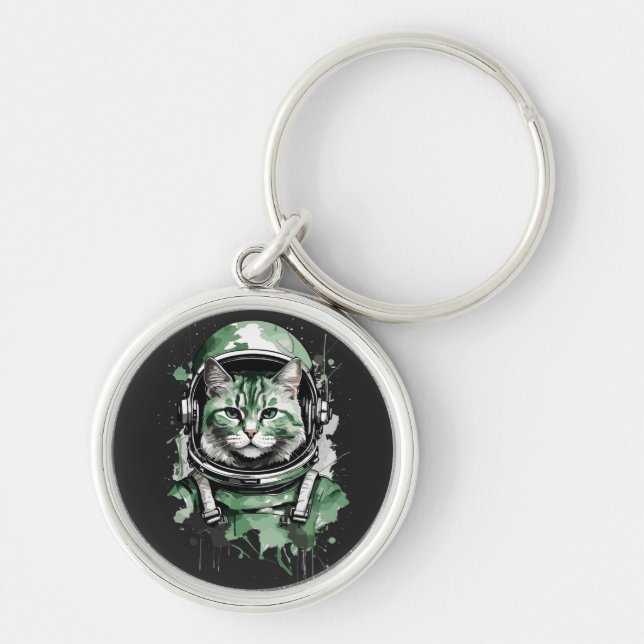 Green Astronaut Cat Splash Key Ring (Front)