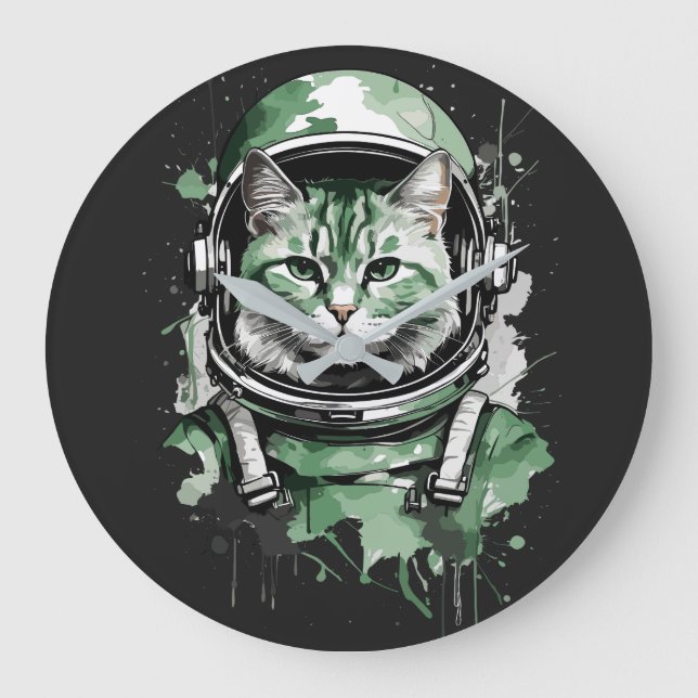 Green Astronaut Cat Splash Large Clock (Front)