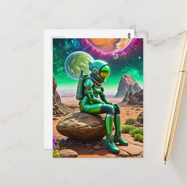 Green astronaut Thinker Pose Postcard (Front/Back In Situ)
