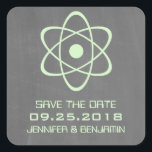 Green Atomic Chalkboard Save the Date Stickers<br><div class="desc">Cute and nerdy Atomic Chalkboard Save the Date Stickers featuring a simple atomic symbol in mint green on a chalkboard look background. These geeky and fun save the date stickers are perfect for announcing your science themed wedding! Easy to customise, simply add the details of your wedding in the spaces...</div>