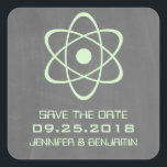 Green Atomic Chalkboard Save the Date Stickers<br><div class="desc">Cute and nerdy Atomic Chalkboard Save the Date Stickers featuring a simple atomic symbol in mint green on a chalkboard look background. These geeky and fun save the date stickers are perfect for announcing your science themed wedding! Easy to customise, simply add the details of your wedding in the spaces...</div>