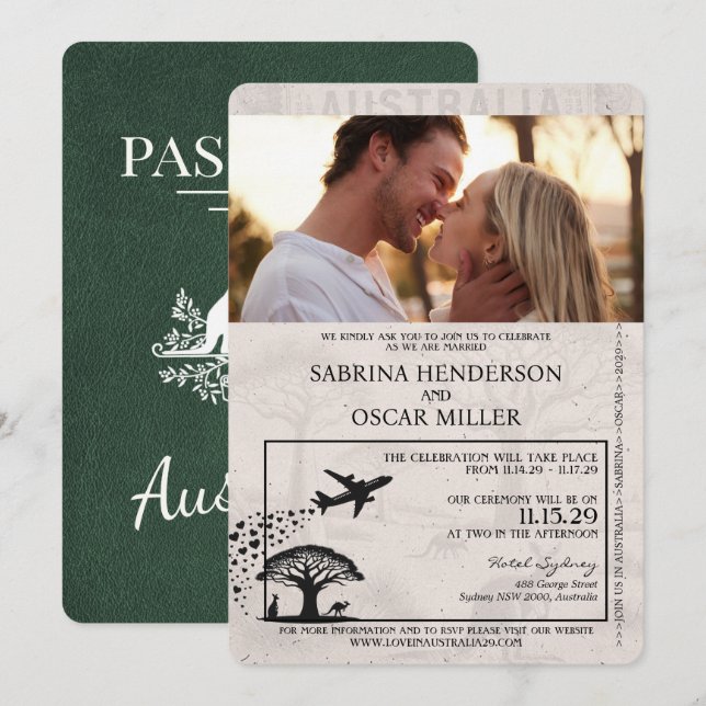 Green Australia Passport Wedding Invitation (Front/Back)