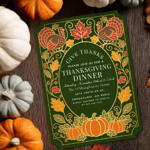 Green Autumn Pumpkin Turkey Thanksgiving Dinner Invitation