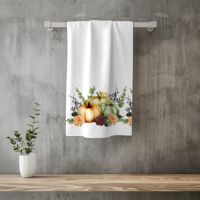 Green Autumn Pumpkin Watercolor Thanksgiving Bath  Towel Set (Creator Uploaded)