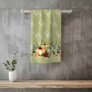 Green Autumn Pumpkin Watercolor Thanksgiving Bath Towel Set