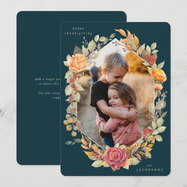 Green Autumnal Florals Thanksgiving Photo Card (Front/Back)