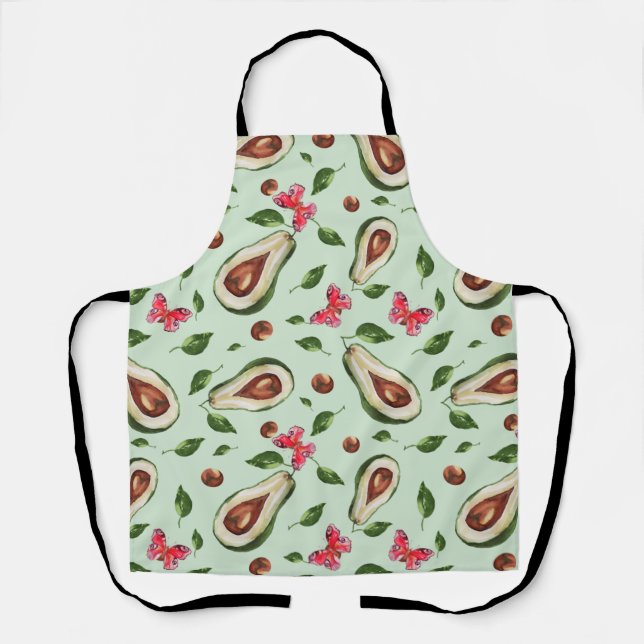 Green Avocado and Butterflies Watercolor Pattern Apron (Front)