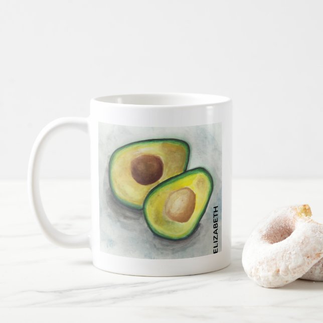 Green Avocado Cut in Half Watercolor Coffee Mug (With Donut)