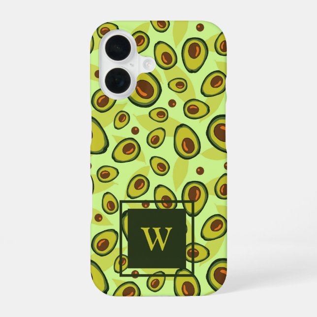 Green Avocado Fruit Pattern Monogram iPhone 16 Case (Back)