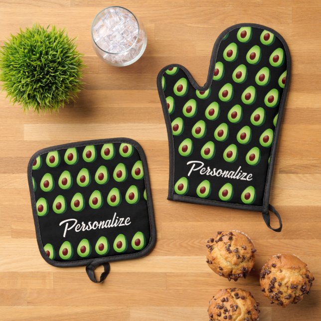 Green avocado pattern personalised kitchen oven mitt & pot holder set (Top Down)
