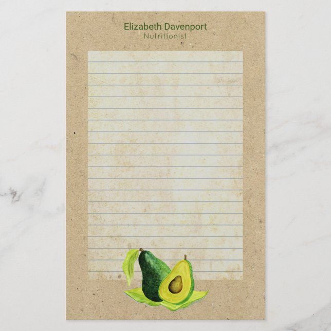 Green Avocado Still Life Fruit in Watercolor Lined Stationery (Front)