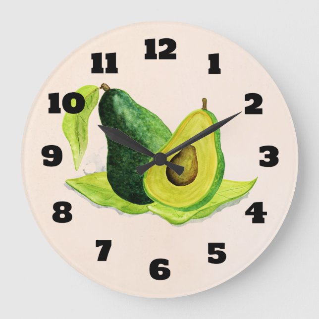 Green Avocado Still Life Fruit in Watercolors Large Clock (Front)