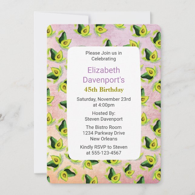 Green Avocados Watercolor Pattern Birthday Invite (Front)