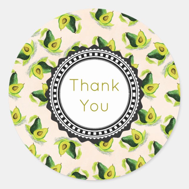 Green Avocados Watercolor Pattern Thank You Classic Round Sticker (Front)