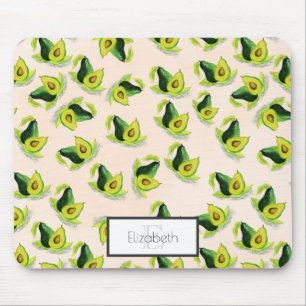 Green Avocados Watercolor Pattern with Monogram Mouse Mat