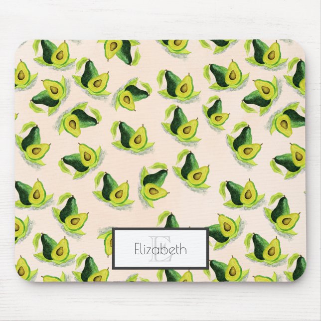 Green Avocados Watercolor Pattern with Monogram Mouse Mat (Front)