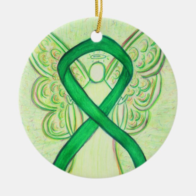Green Awareness Ribbon Angel Custom Art Ornaments (Front)