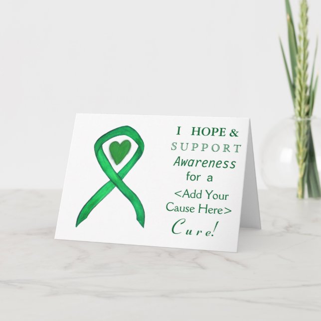 Green Awareness Ribbon Custom Cause Greeting Cards (Front)