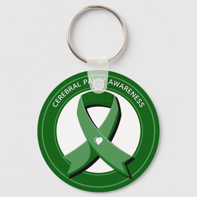 Green Awareness Ribbon White Heart Key Ring (Front)